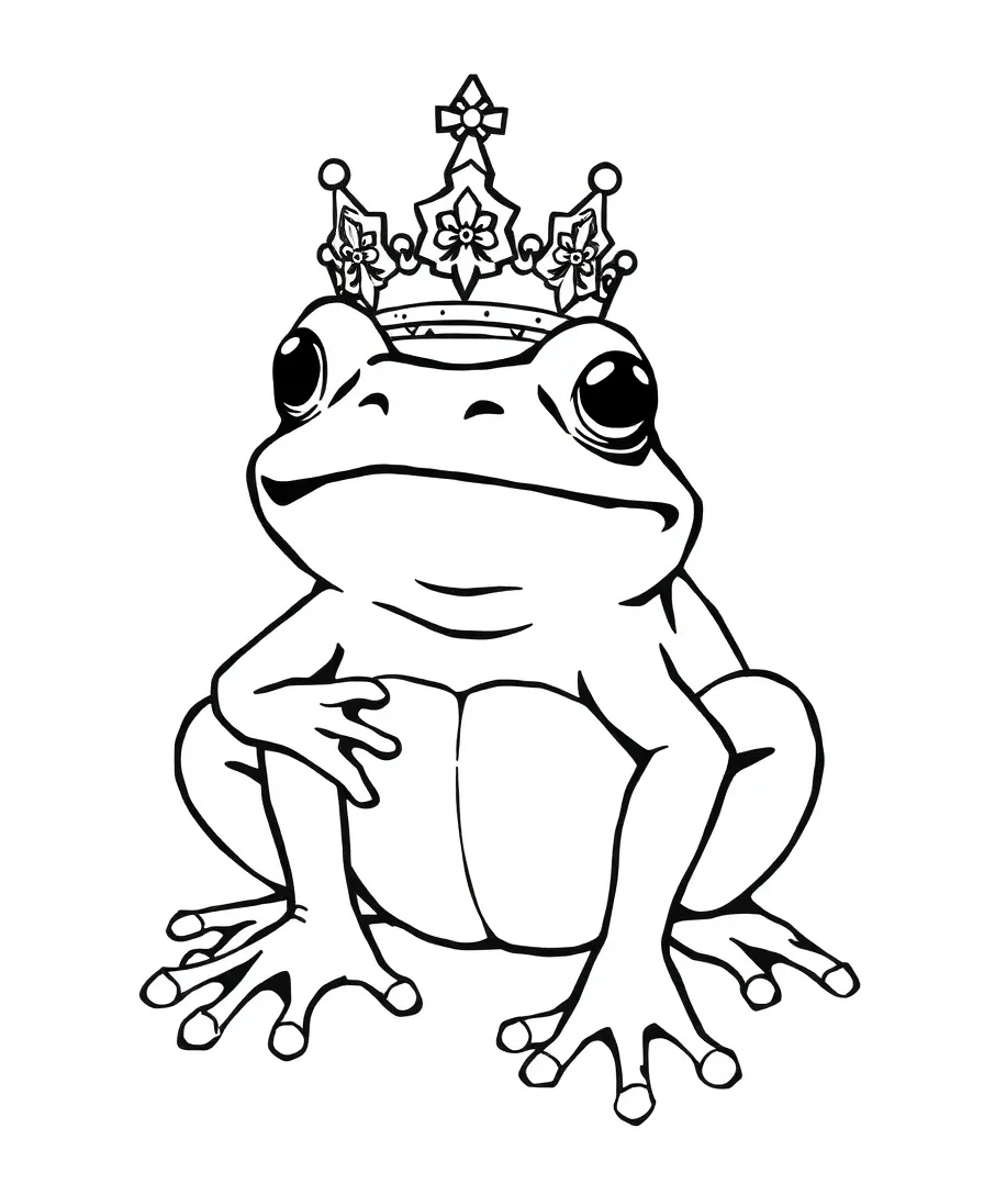 Line art of a frog prince with crown details