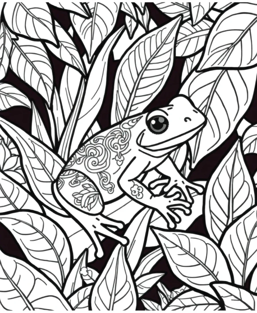 Line art of a frog in rainforest foliage