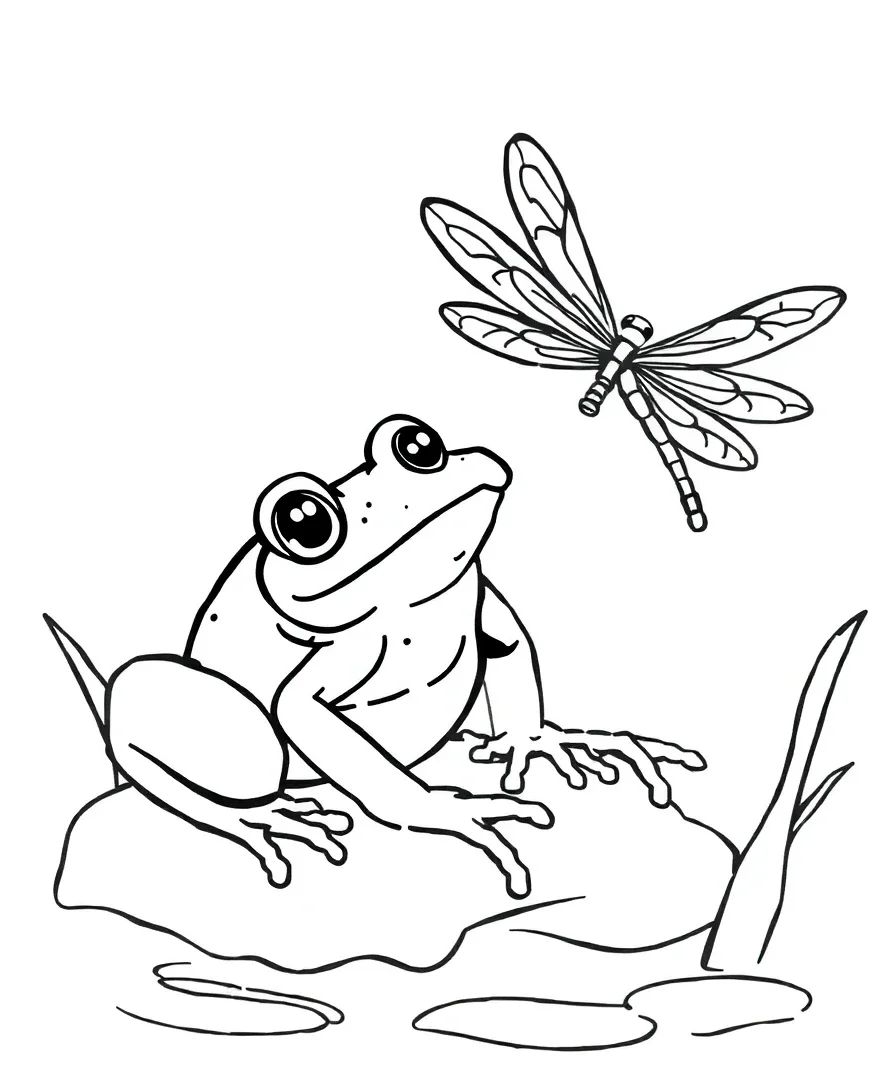 Line art of a frog and dragonfly interaction