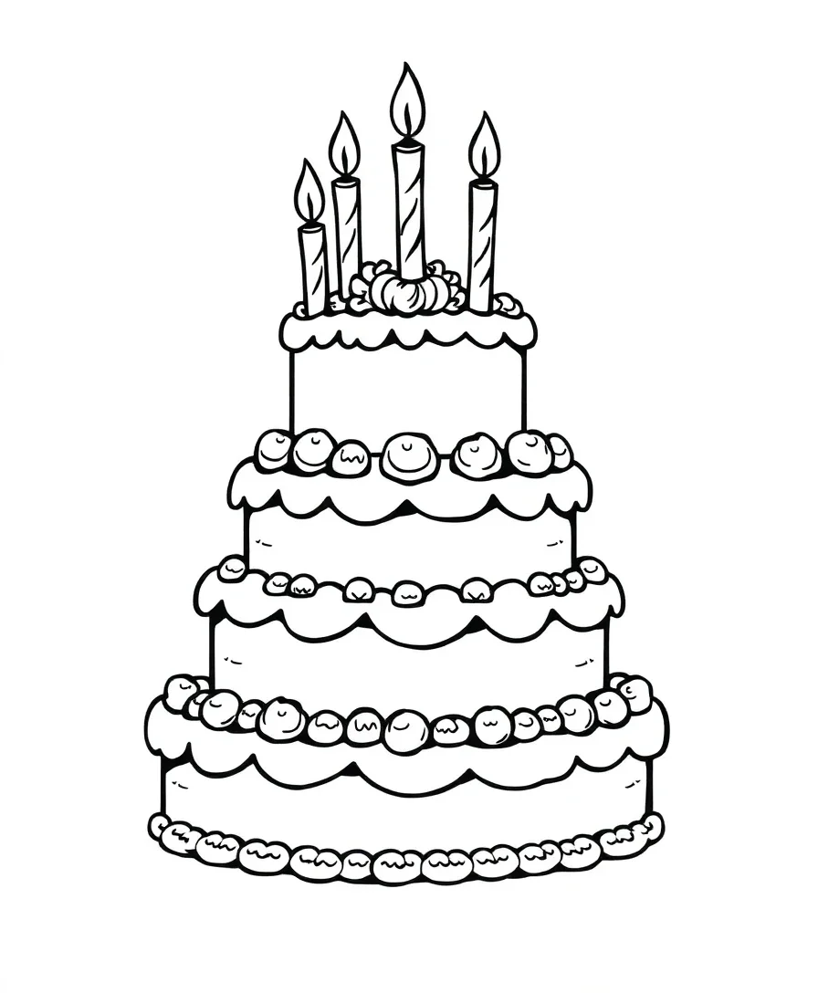 Black and white line art of a multi-tiered birthday cake with candles and decorative frosting
