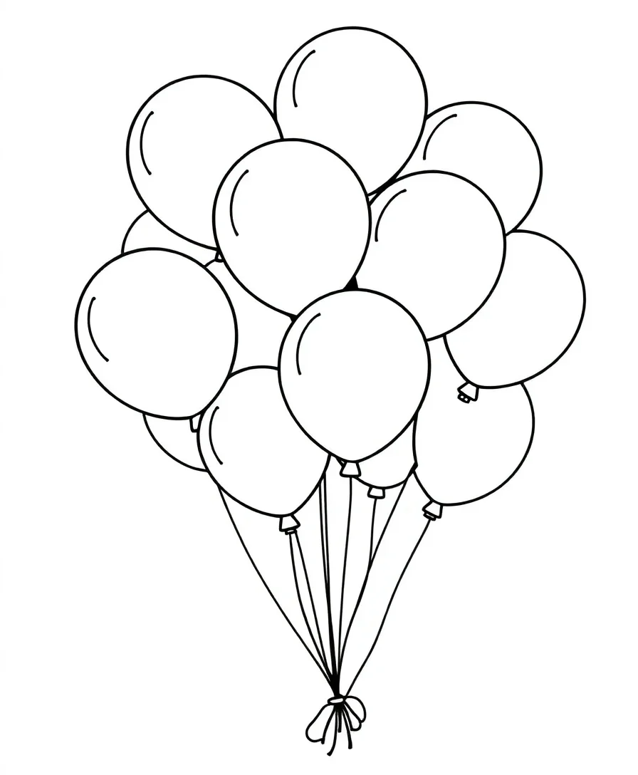 Black and white line art of a cluster of balloons in various sizes