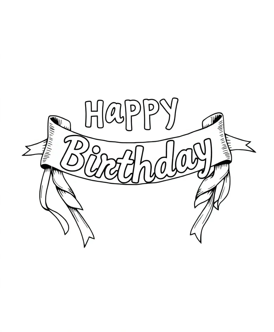 Black and white line art of a flowing birthday banner with ribbons