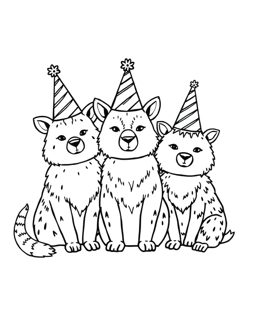Black and white line art of animals wearing party hats
