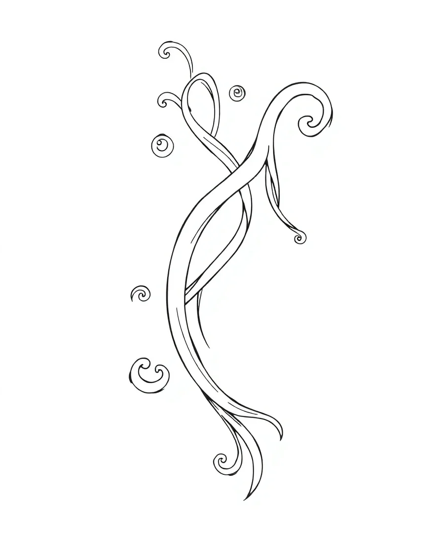 Black and white line art of flowing streamers with loops and swirls