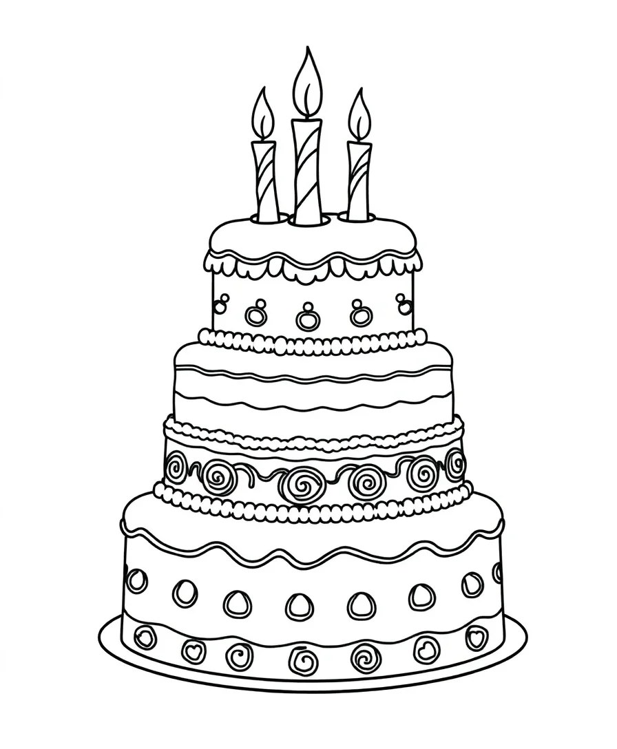 Black and white line art of a multi-tiered birthday cake with candles and decorative frosting