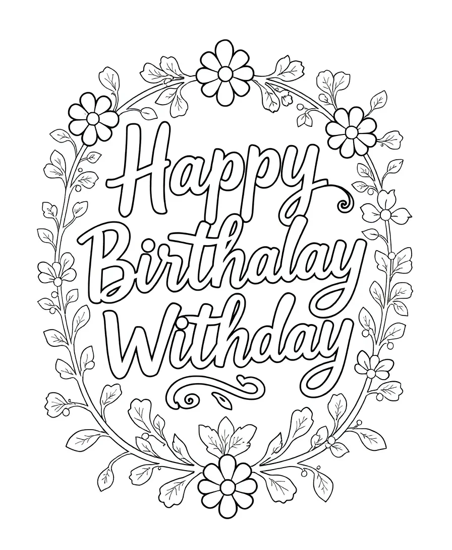 Black and white line art of handwritten birthday wishes with decorative elements