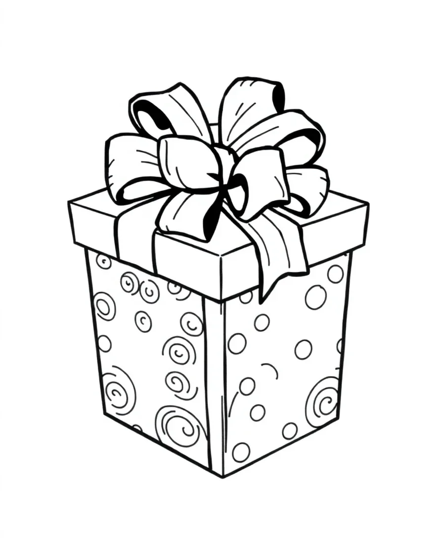 Black and white line art of a gift box with ribbon and patterned wrapping paper