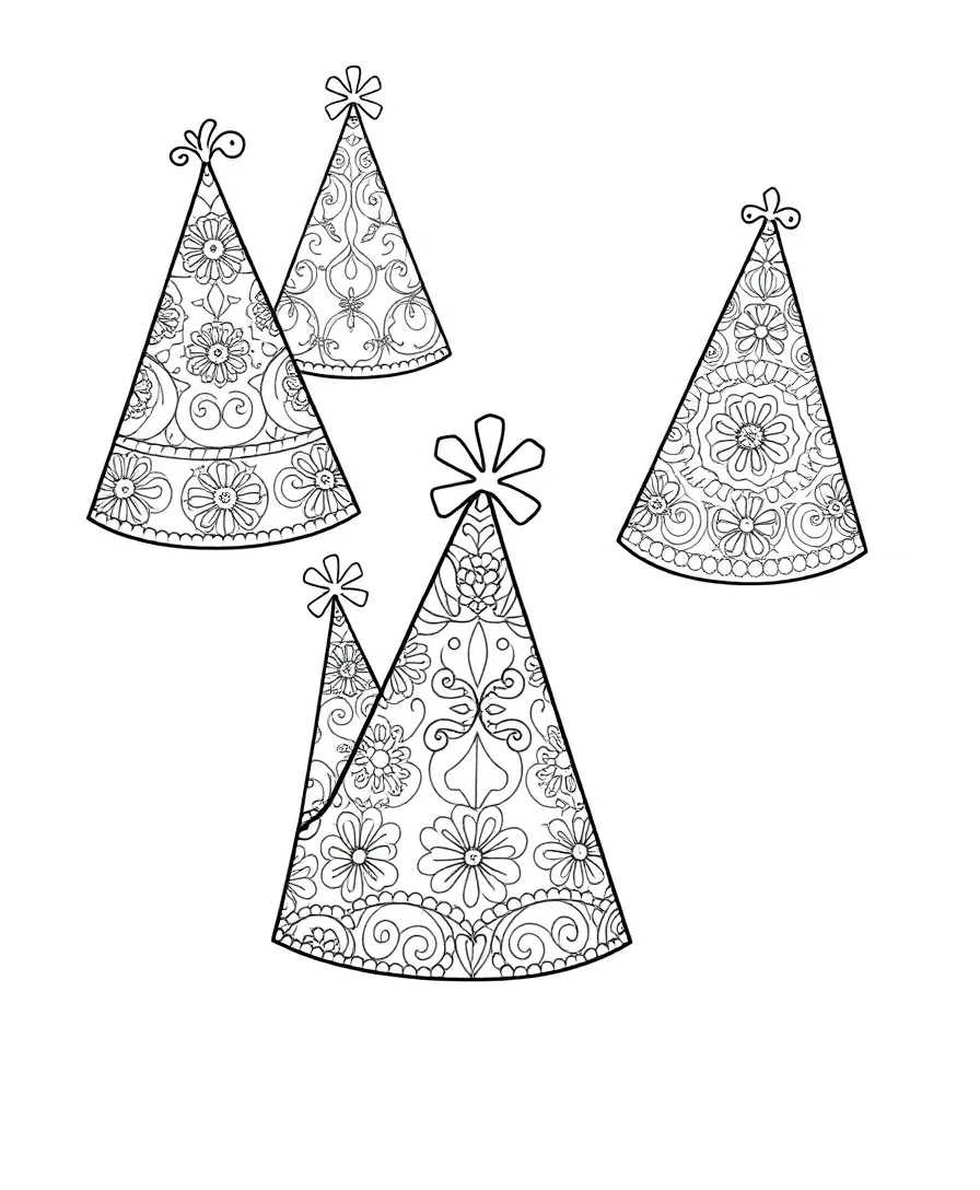 Black and white line art of an assortment of party hats with intricate patterns
