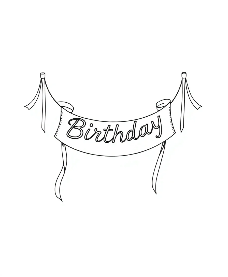 Black and white line art of a flowing birthday banner with ribbons