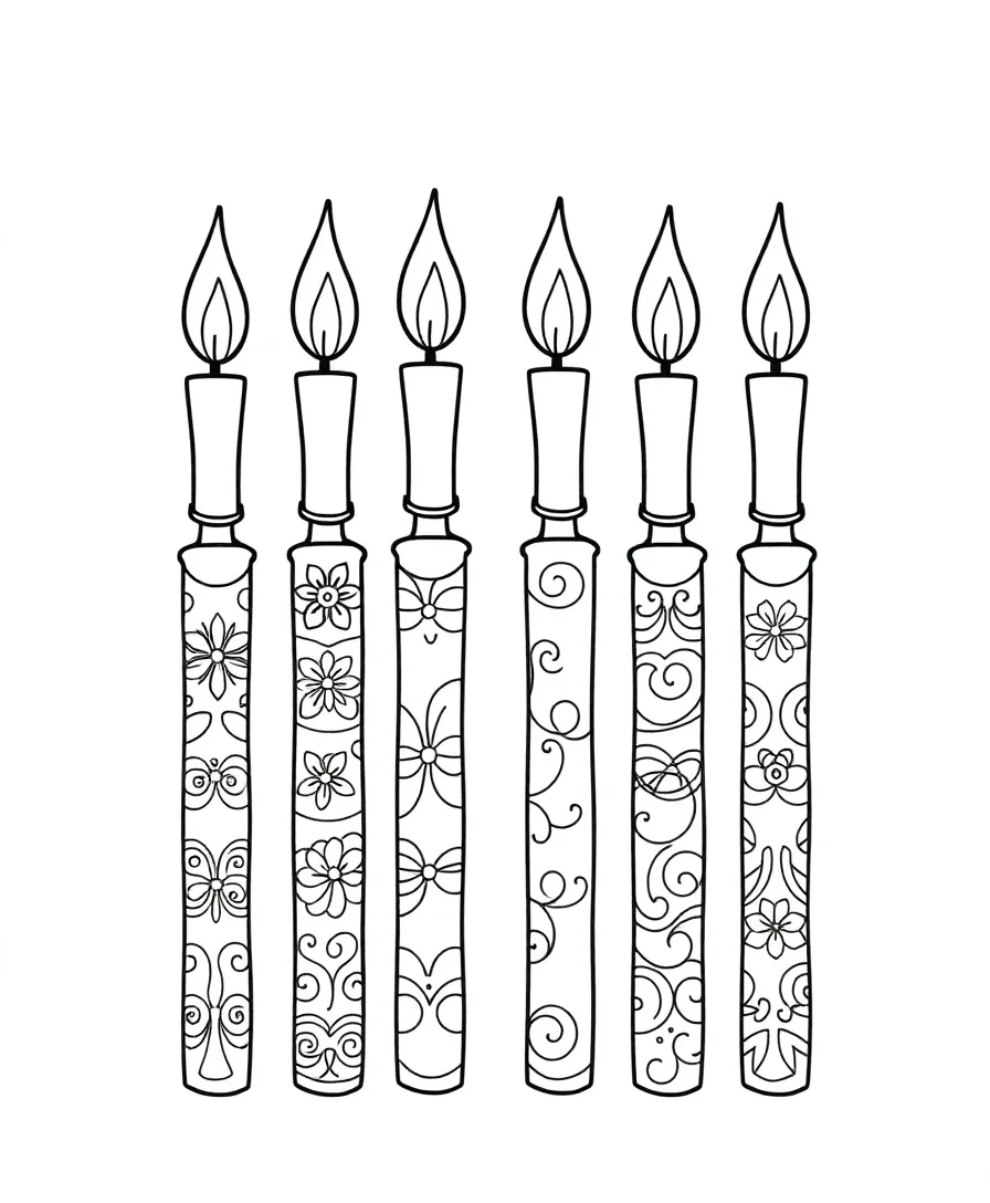 Black and white line art of an array of birthday candles with decorative patterns