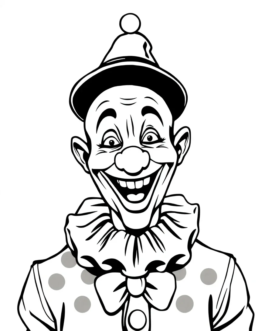 Black and white line art of a playful clown with exaggerated features