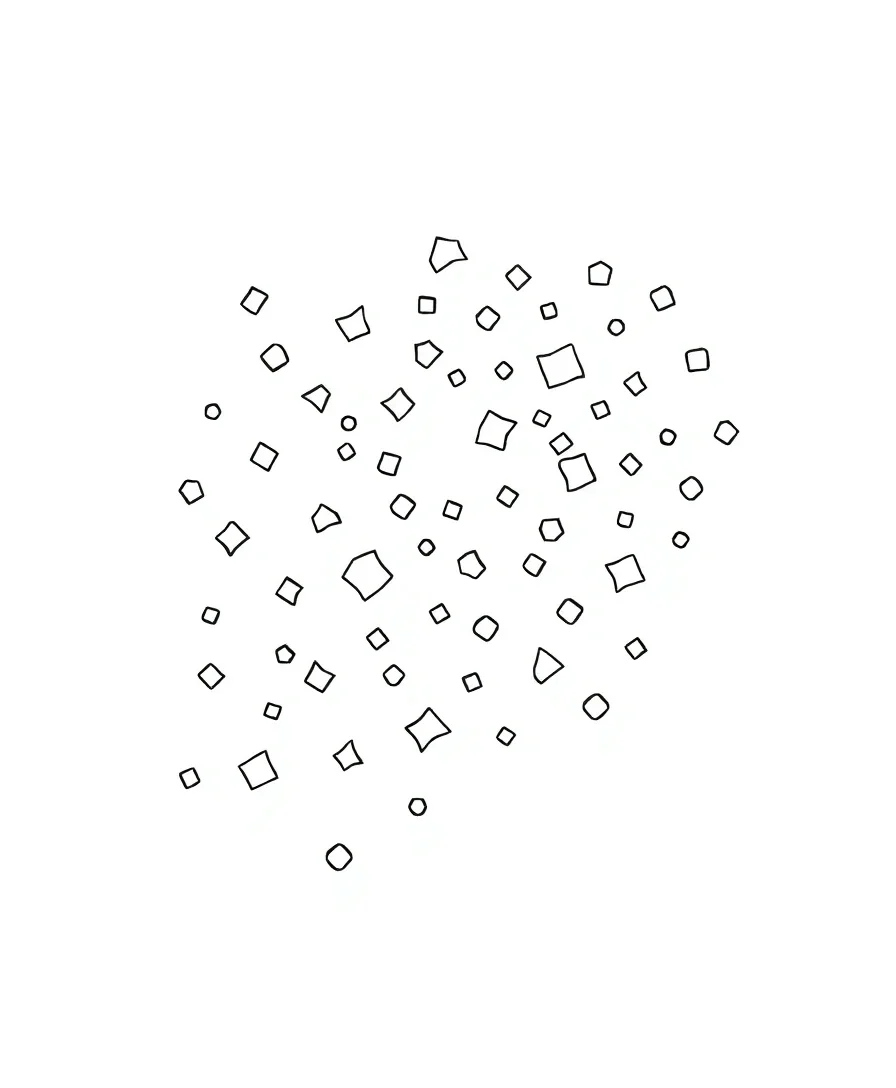 Black and white line art of a sprinkling of confetti in various shapes