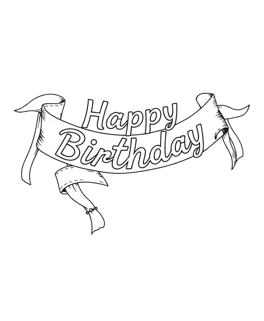 Black and white line art of a flowing birthday banner with ribbons