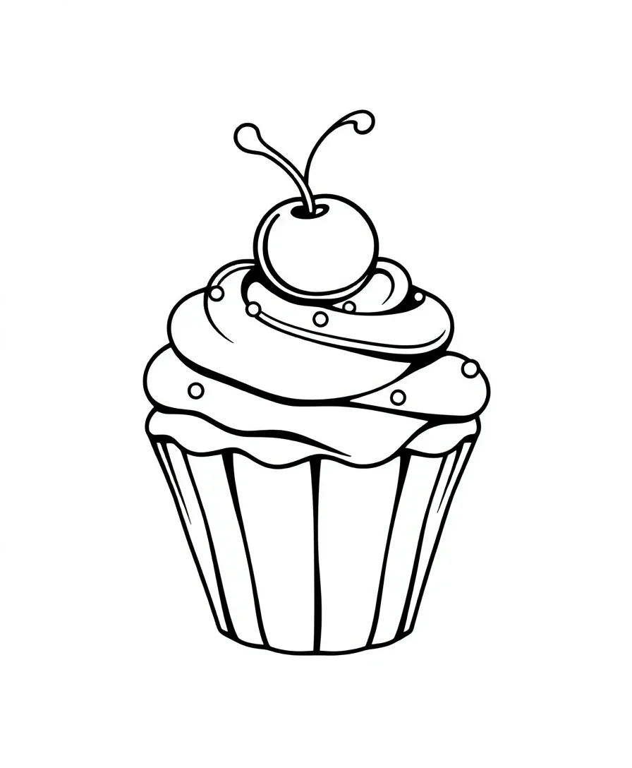 Black and white line art of a decorated cupcake with frosting and a cherry on top