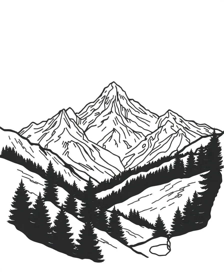 Mountain design with detailed line art