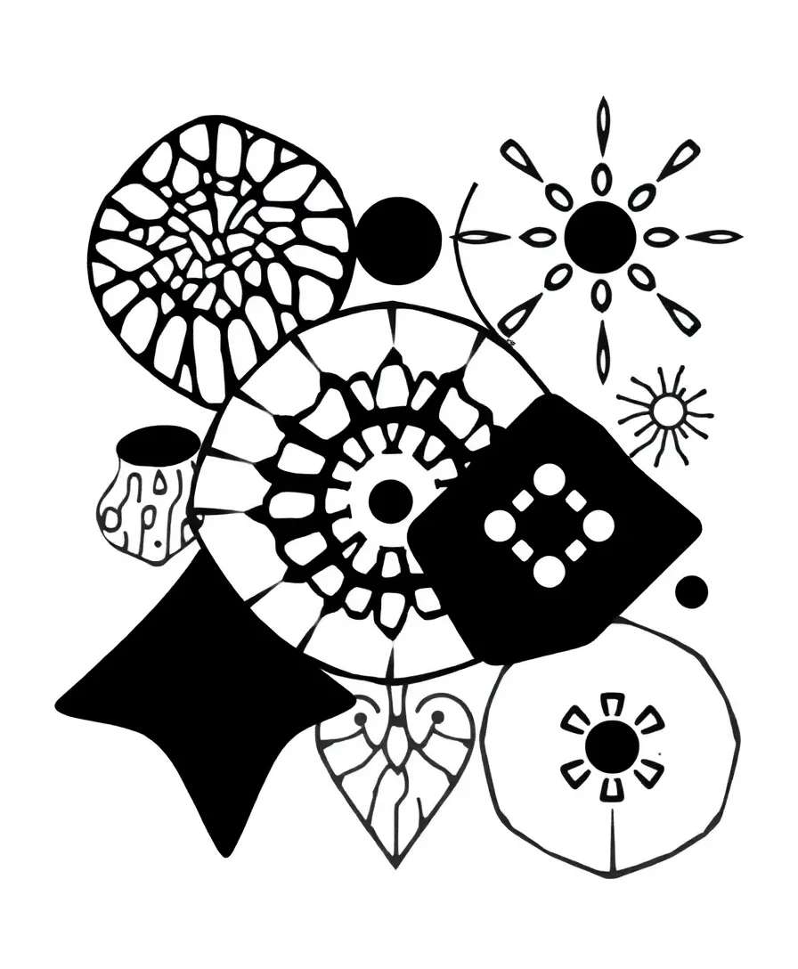 Abstract design with bold outlines and unique patterns