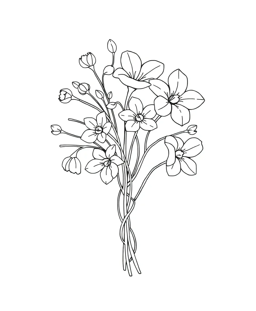 Line art of a bouquet of flowers with intricate details