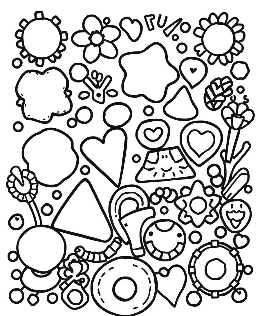 Line art of playful doodles with various shapes