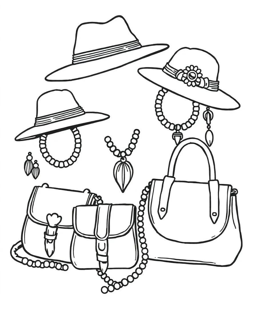 Line art of chic accessories like jewelry and hats
