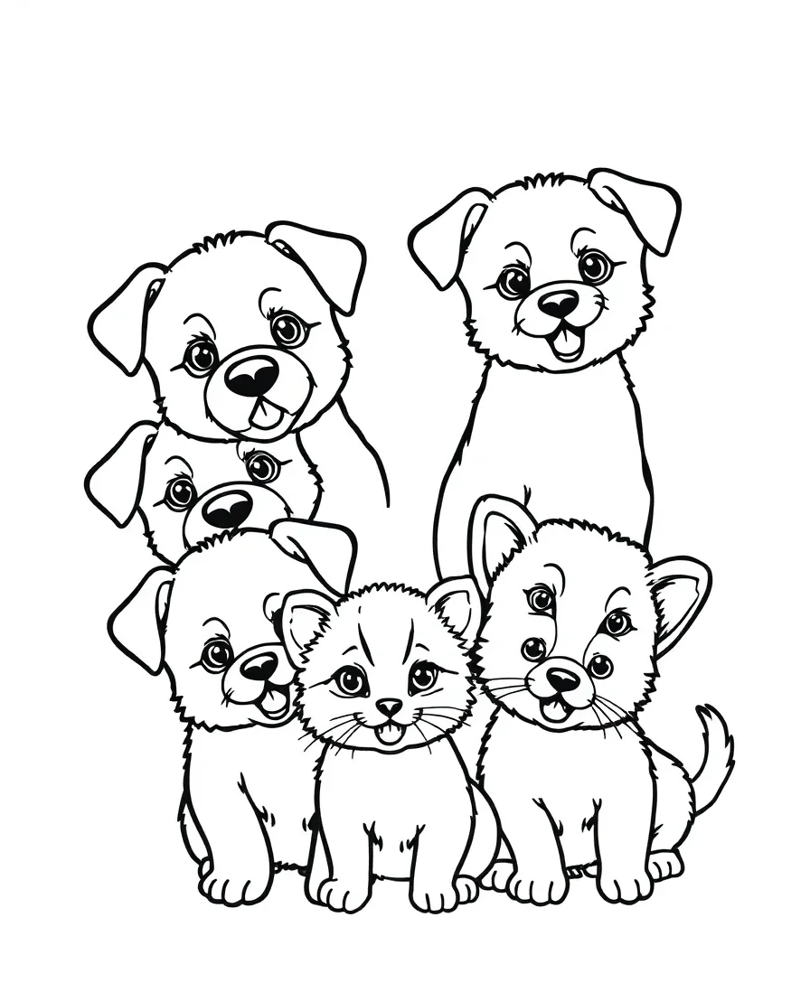 Line art of playful puppies and kittens