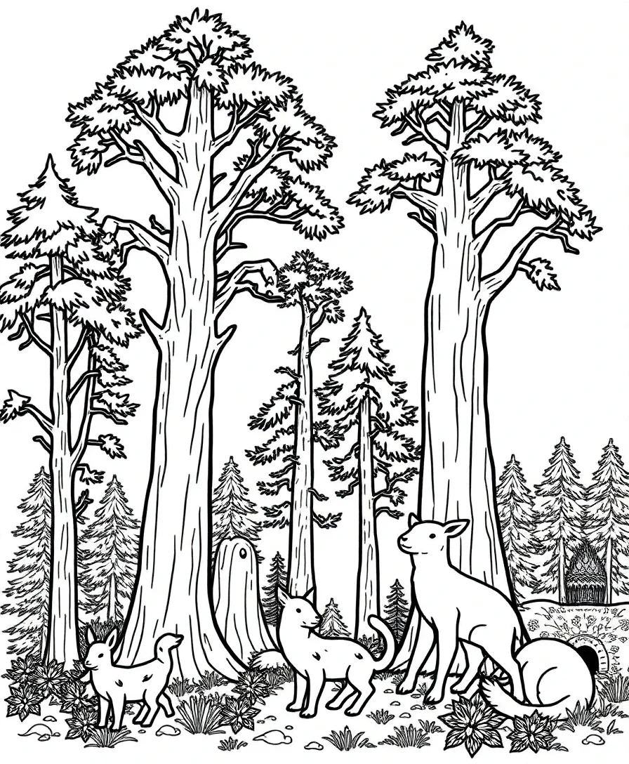 Line art of an enchanted forest with trees and creatures
