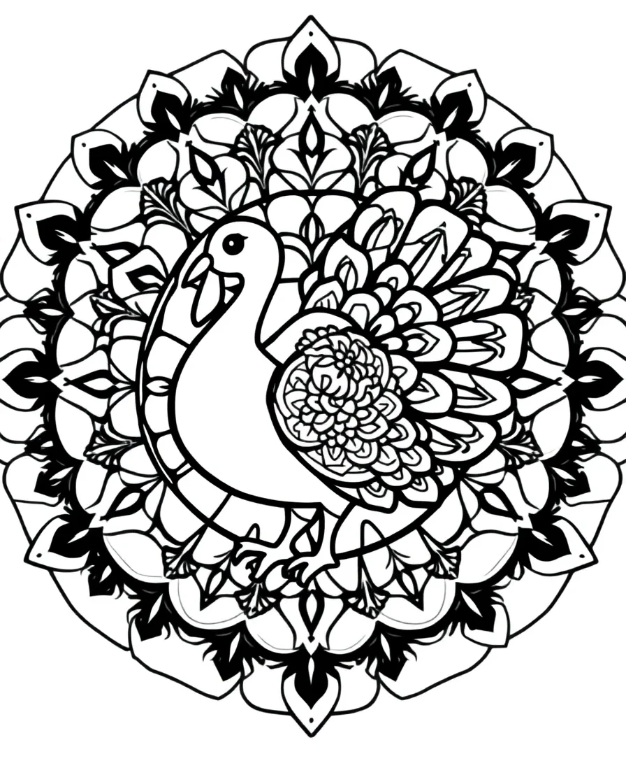 Mandala-style turkey line art with intricate patterns.