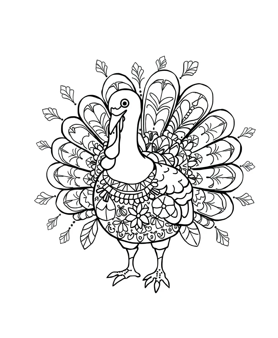 Festive turkey line art with decorative patterns.