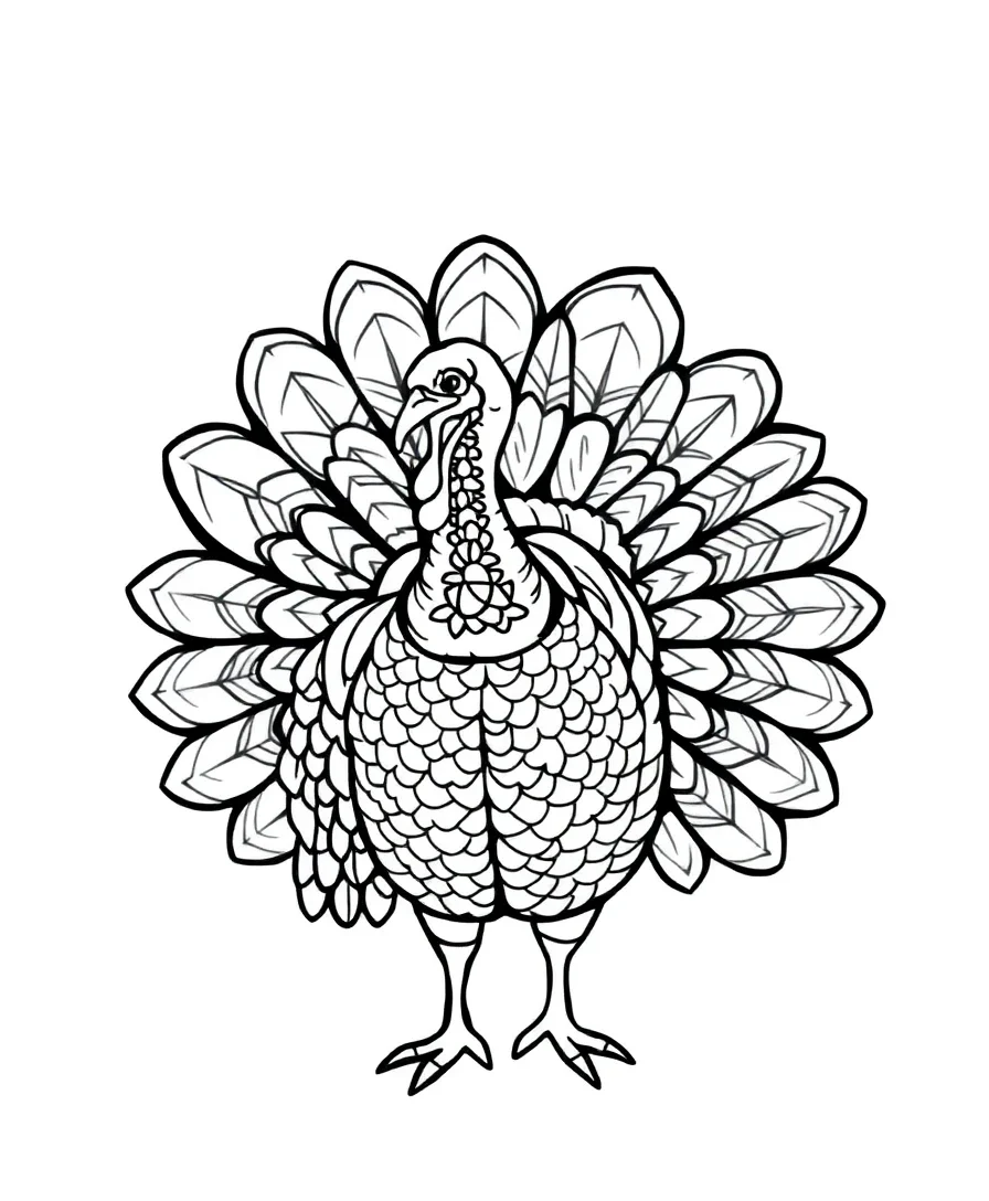 Turkey line art focusing on intricate feather patterns.