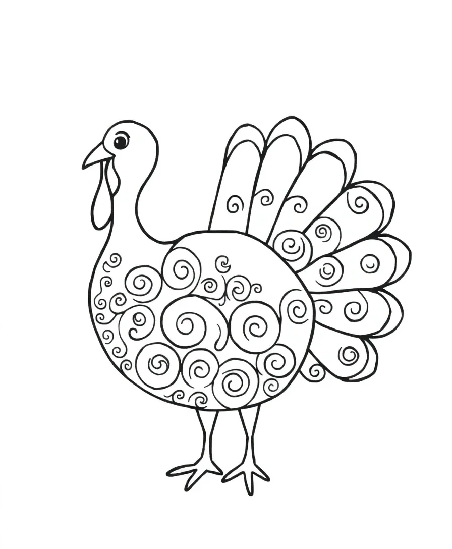 Whimsical swirl pattern turkey line art.