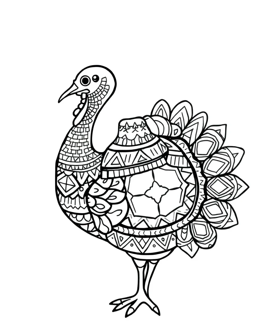 Turkey line art with geometric patterns.