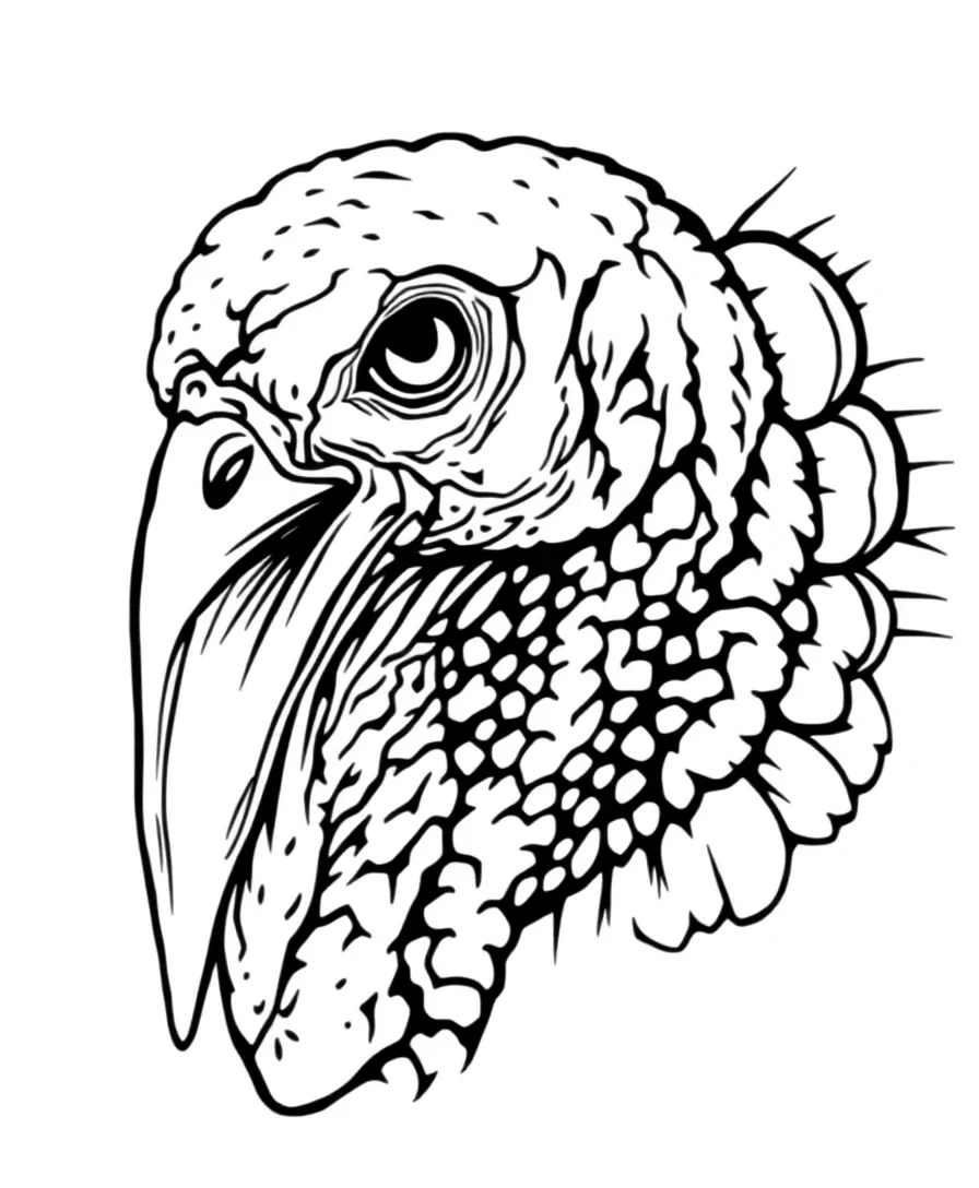 Realistic turkey head line art with intricate details.