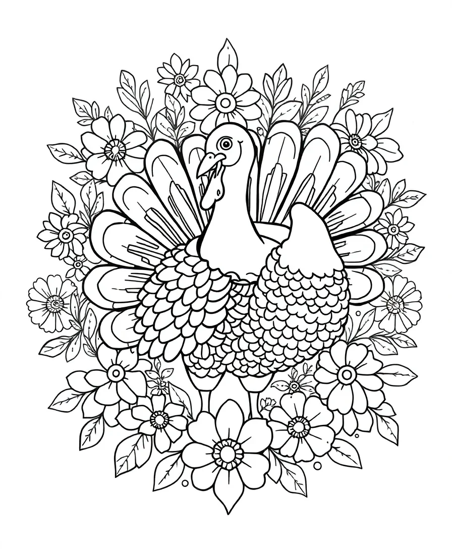 Line art of a turkey with floral patterns.