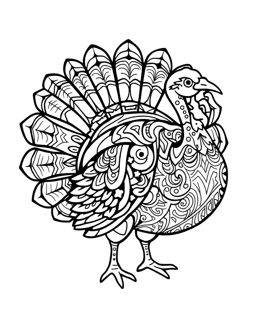 Tribal pattern turkey line art.