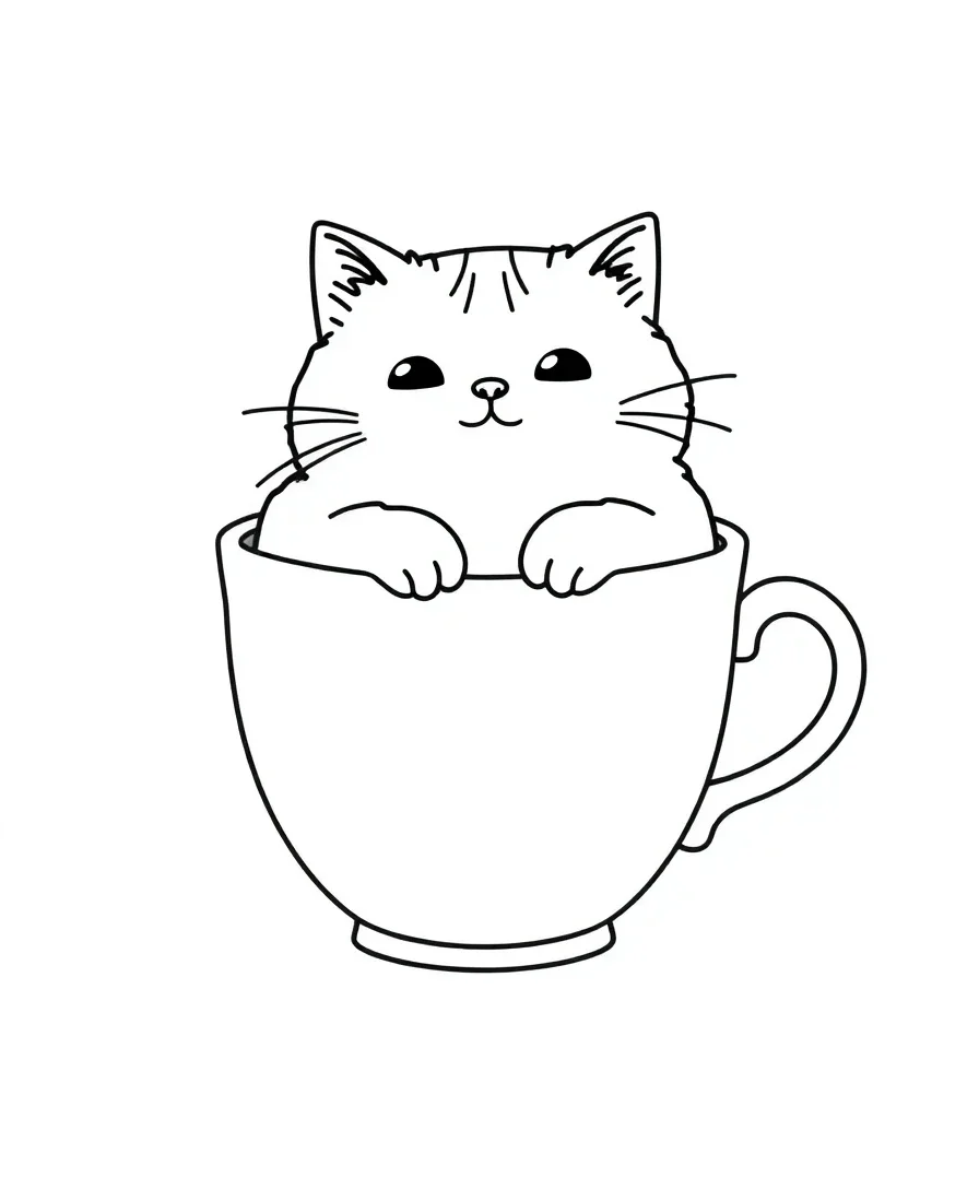Line art of Pusheen the cat peeking out of a teacup with decorative swirls.