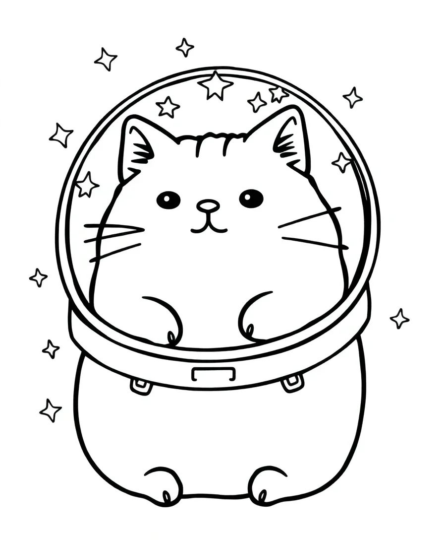 Line art of Pusheen the cat in a space helmet, surrounded by stars.