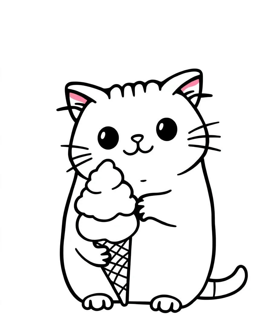 Line art of Pusheen the cat happily licking an ice cream cone.