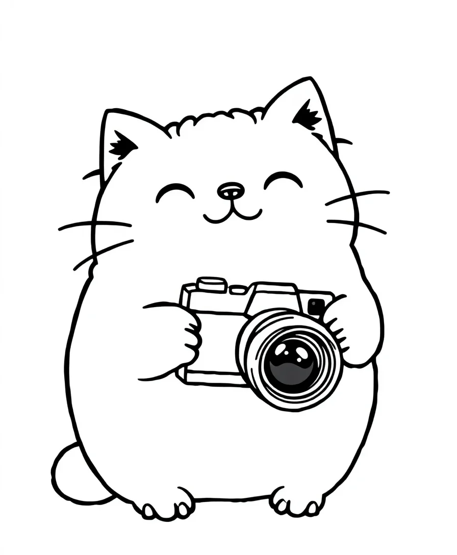 Line art of Pusheen the cat holding a camera, ready to take a picture.