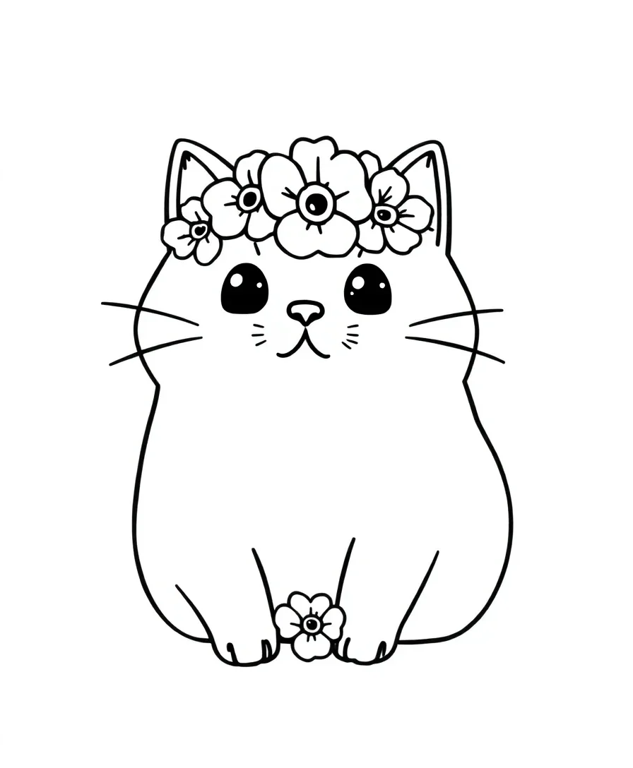 Line art of Pusheen the cat wearing a flower crown, looking peaceful.