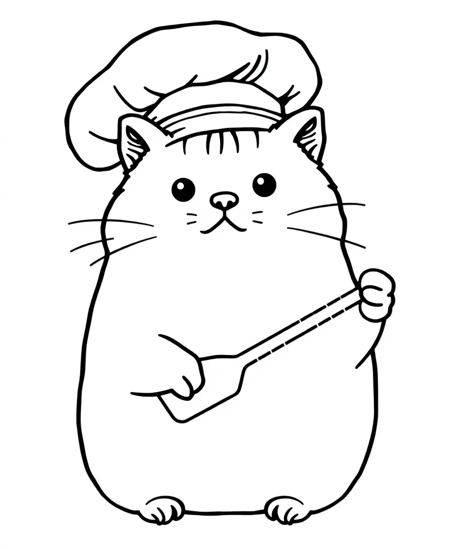 Line art of Pusheen the cat dressed as a chef, holding a spatula.