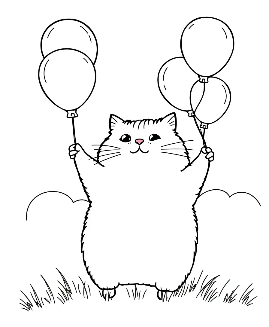 Line art of Pusheen the cat being carried away by several balloons.