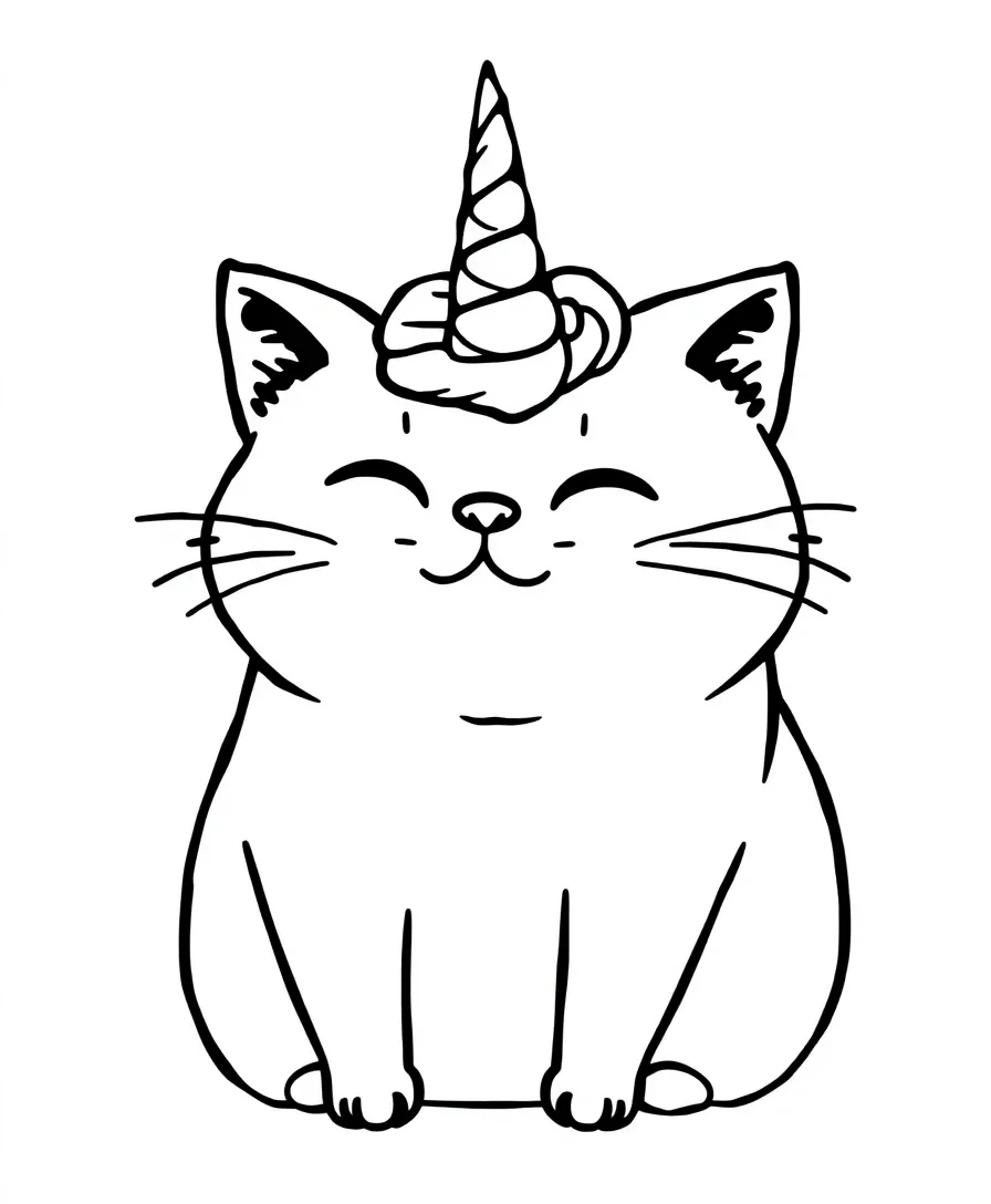 Line art of Pusheen the cat as a unicorn with a horn and flowing mane.