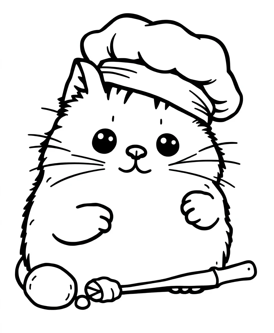 Line art of Pusheen the cat wearing a baker's hat, surrounded by baking items.