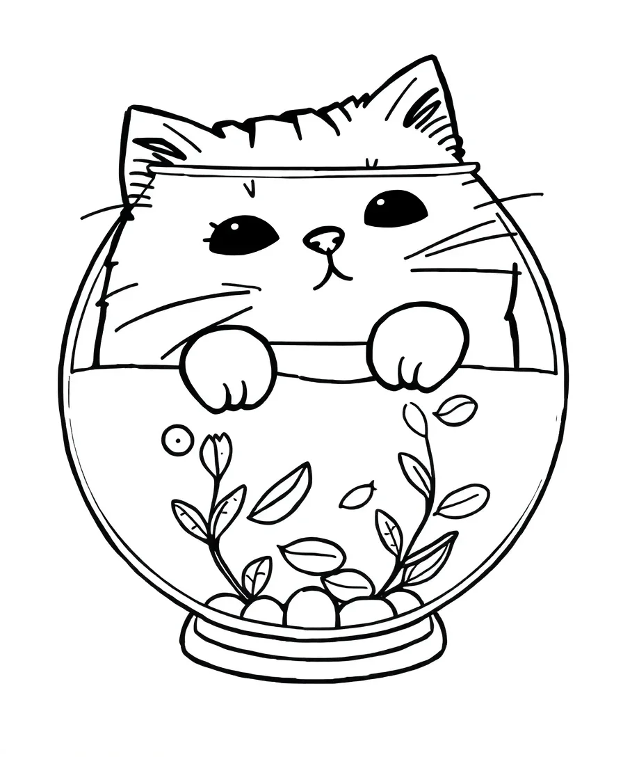 Line art of Pusheen the cat looking into a fishbowl with a curious expression.