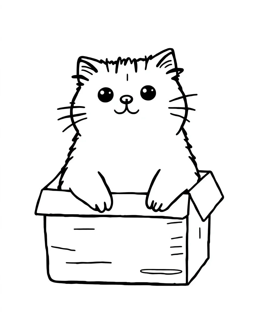 Line art of Pusheen the cat sitting snugly inside a box.