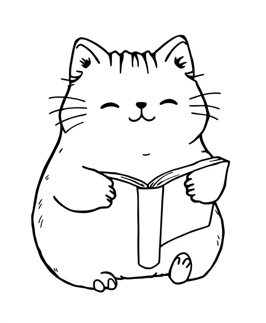 Line art of Pusheen the cat sitting with an open book.