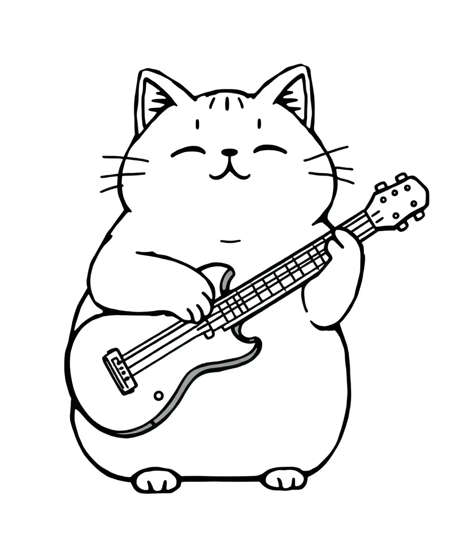 Line art of Pusheen the cat holding and playing a guitar.