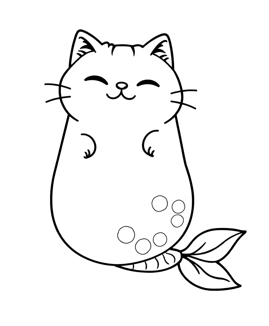 Line art of Pusheen the cat with a mermaid tail, swimming gracefully.