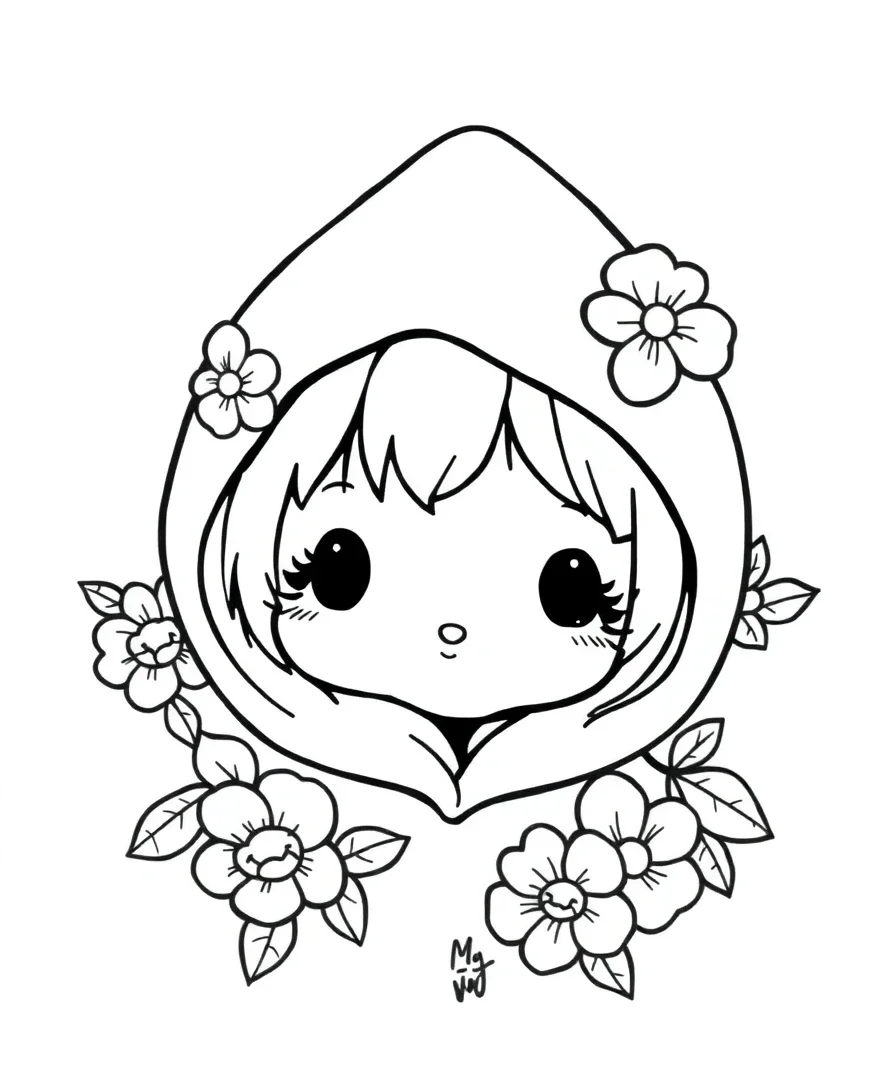 Line art of My Melody with floral hood