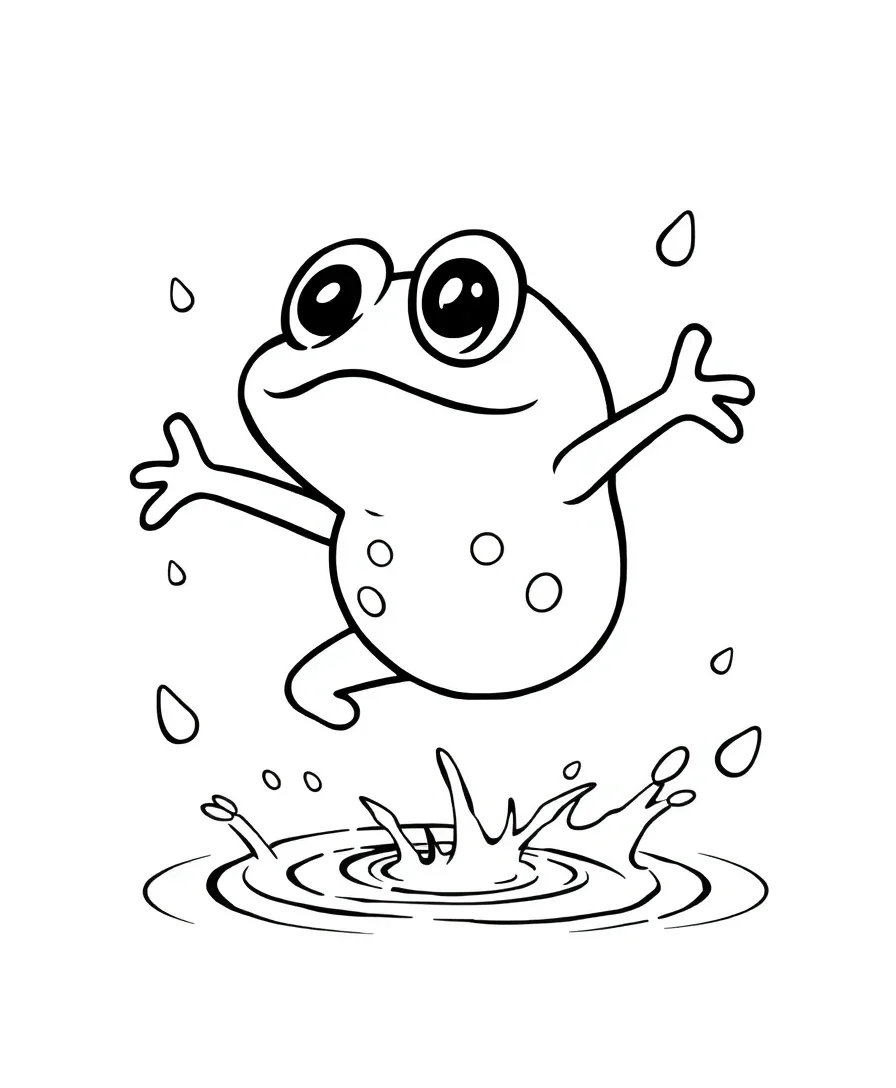 Line art of Keroppi jumping with water droplets
