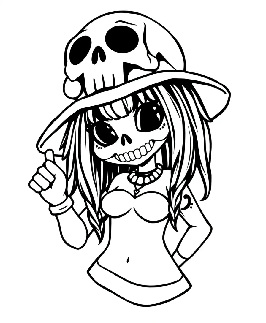 Line art of Kuromi with a skull hat